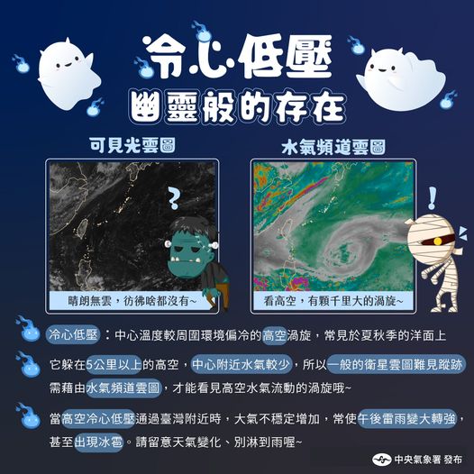 氣象署指出，如幽靈般的「冷心低壓」正在通過台灣，對流發展將更旺盛。 圖：翻攝自報天氣臉書