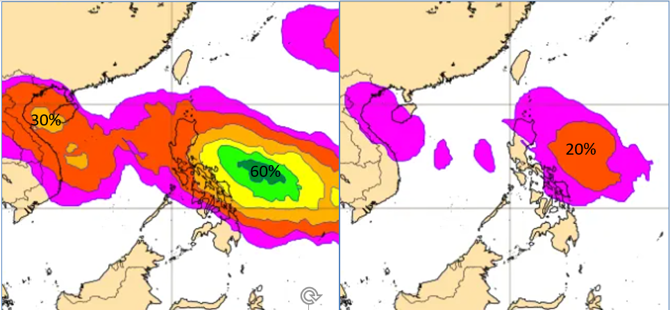 根據最新歐洲模式系集模擬顯示，17日前後菲律賓東方至南海一帶「熱帶低壓」存在的機率，分別調整為60％及30％。 圖：翻攝自老大洩天機專欄