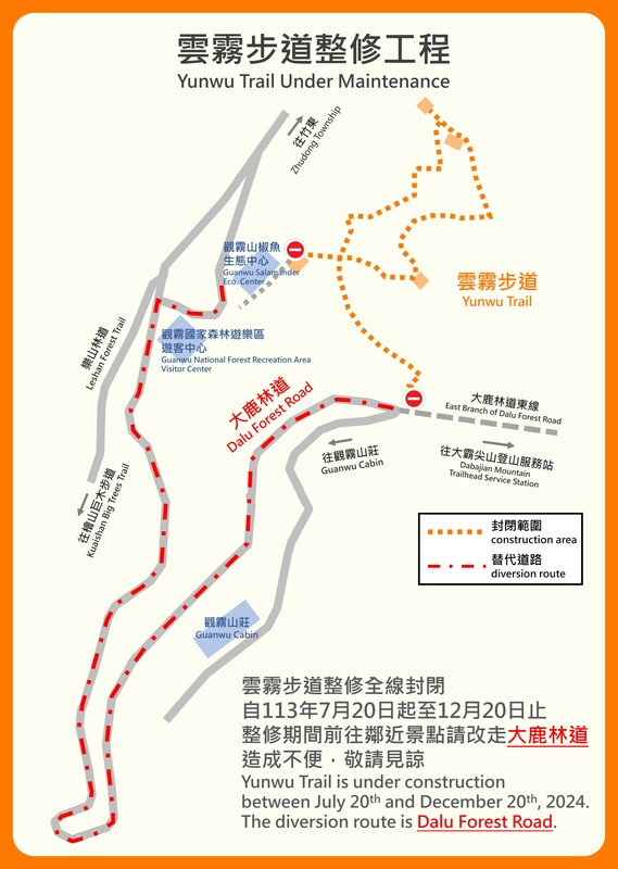 雪管處說，為維護遊客安全，雲霧步道施工期間由觀霧山椒魚生態中心步行往返觀霧山莊、大鹿林道東線等鄰近景點，請改由大鹿林道。 圖：雪霸國家公園管理處／提供