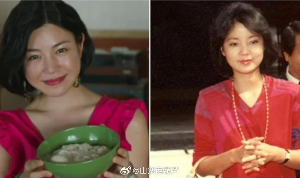 陳妍希劇中演出的身影和鄧麗君本人的對比圖大嘆，「這個髮型和穿搭，就很不鄧麗君」。 圖：翻攝自山寨西葫芦微博