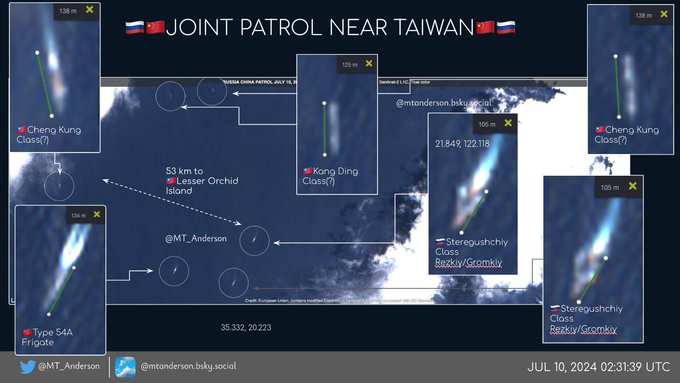 海外分析師推測，跟蹤中國、俄羅斯軍艦的船艦，應該是台灣的成功級巡防艦以及康定級巡防艦。 圖：翻攝自 @MT_Anderson X 帳號