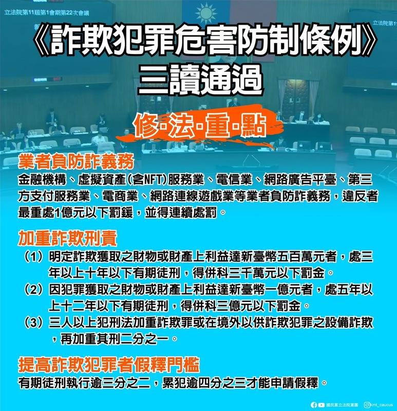 國民黨團說明《詐欺犯罪危害防制條例》修法重點。 圖：國民黨團 / 提供