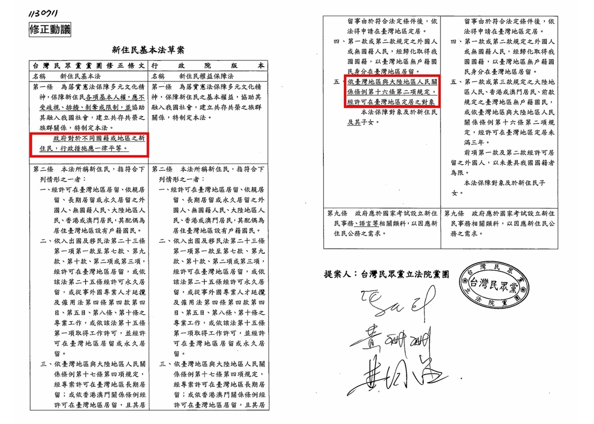 林楚茵指出，民眾黨的「新住民權益保障法」和國民黨法案內容一模一樣。（圖為民眾黨版草案）