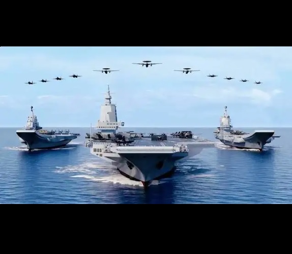 中國的福建號航母近期開啟第三次海試。有軍事專家認為，福建號這次海試應該會將所有艦載機「都彈射一遍」。圖為中國三艘航母進行編隊的預想圖。 圖：翻攝自 海事先鋒