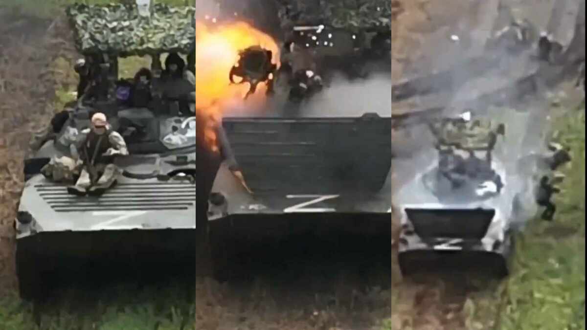 一段顯示俄軍坐在裝甲車上遭到烏軍炮火襲擊的影片在網路上引發了熱議。影片中，俄軍士兵瞬間被炮火炸得人仰馬翻。 圖 : 翻攝自影片(新頭殼合成)