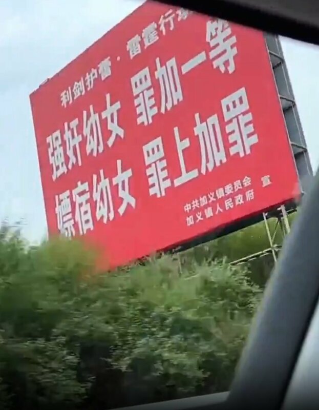 湖南省岳陽市平江縣加義鎮公路兩旁豎立了「隱私部位不能摸」「強姦幼女罪加一等」等醒目的標語，引發了網友的熱議。 圖 : 翻攝自X帳號@whyyoutouzhele