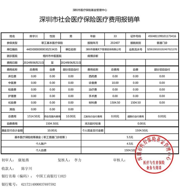 中國網友表示，他 6 月 21 日去醫院就醫，花費門診醫療費用 1514.5 人民幣 ，醫保局只願意報銷 10 人民幣，強制他現金自費支付 1504.5 人民幣。 圖：翻攝自羅翔 X（前推特）帳號