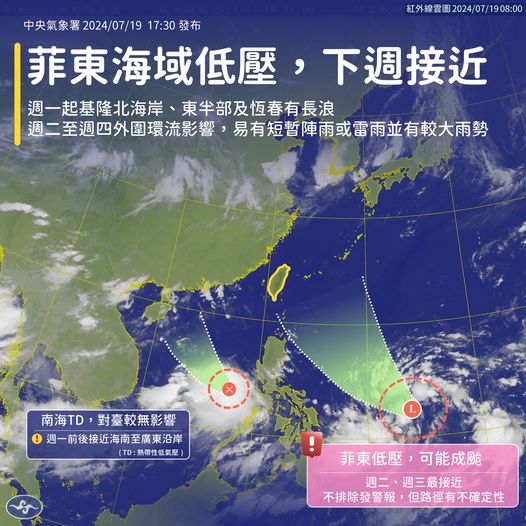中央氣象署天氣預報資料顯示，下週可能有熱低壓或颱風接近台灣。 圖：翻攝「臉書」報天氣 - 中央氣象署