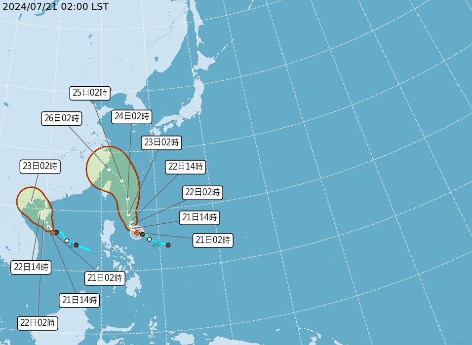 氣象署預估凱米颱風週三、週四最靠近台灣，強度高機率達中颱。 圖片來源/氣象署