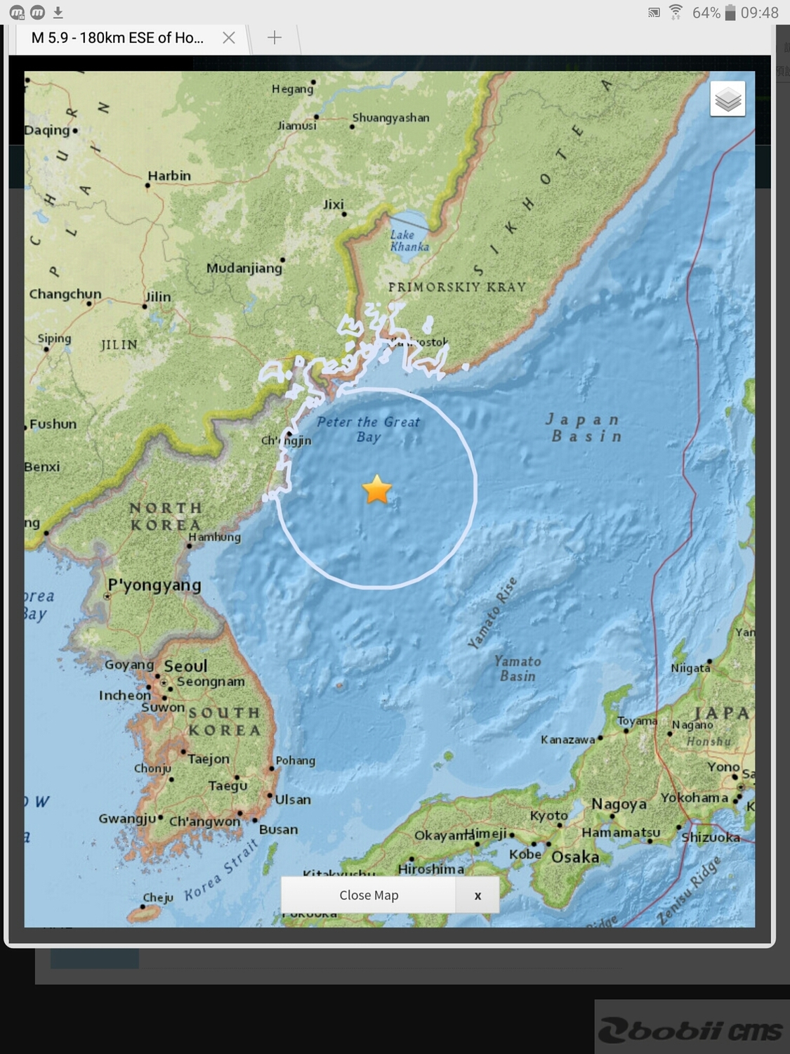 北韓外海發生芮氏規模5.9地震示意圖。 圖：攝自美國地質調查所（United States GeologicalSurvey）官網( earthquake.usgs.gov/earthquakes)