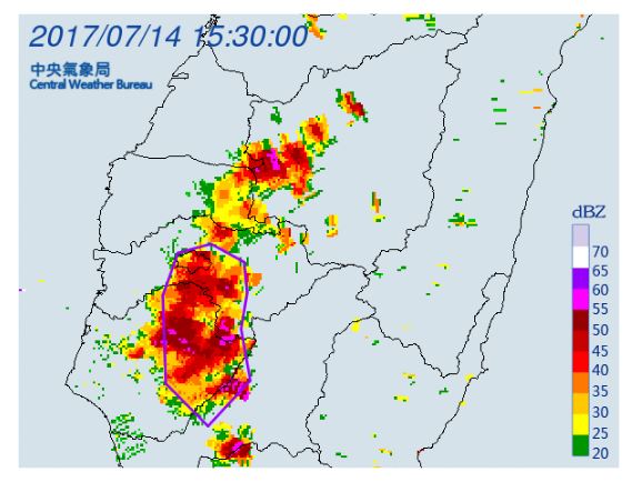 中央氣象局於今日 15:36 分針對嘉義市、嘉義縣、臺南市、高雄市發布大雷雨即時訊息 圖：中央氣象局