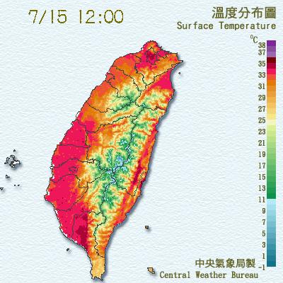 今(15)日高溫普遍在33至35度，大台北地區及中南部近山平地沉降作用較明顯，有36度左右高溫出現的機率。 圖：中央氣象局