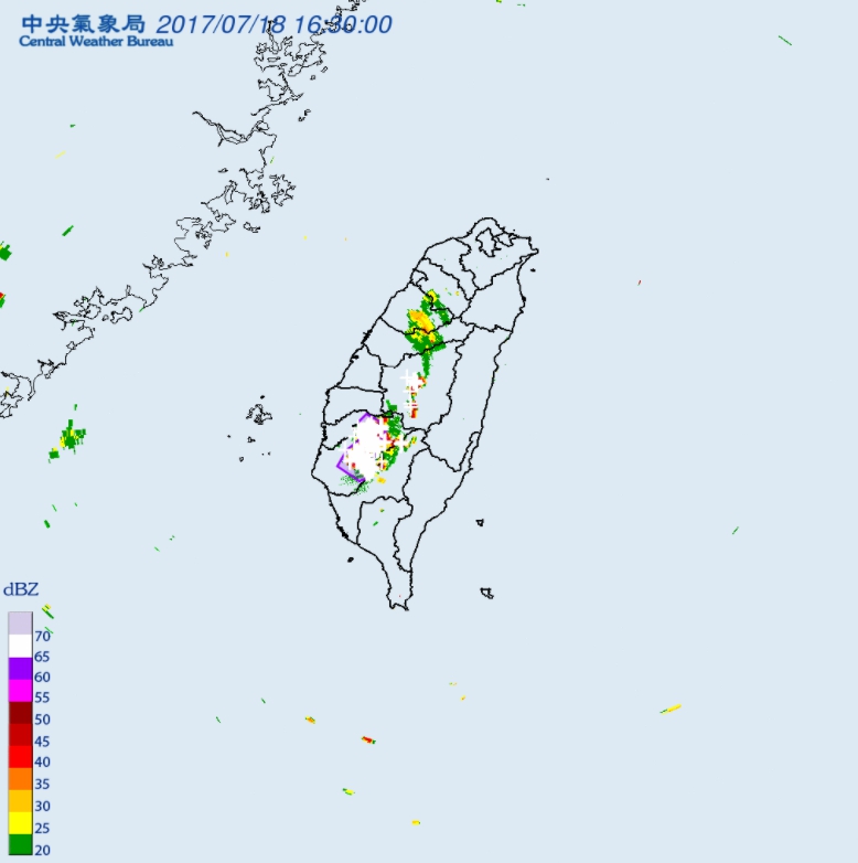 氣象局18日16:30發布大雷雨警訊，針對嘉義市、嘉義縣、台南市發布大雷雨即時訊息，持續時間至18時00分止。 圖：中央氣象局