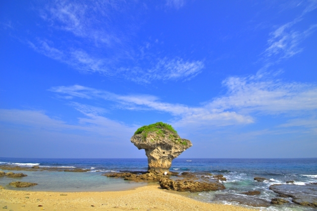 花瓶石為小琉球島上最著名的景點，其形成原因是原本的海岸珊瑚礁被地殼隆起作用所抬升，然後頸部受到長期的海水侵蝕作用，因此形成上粗下細，類似花瓶的特殊造型，加上岩頂上長滿了臭娘子以及盒果籐等植物，如同插著花草的花瓶，因此便取名為「花瓶石」。 圖：小琉球旅遊資訊網提供