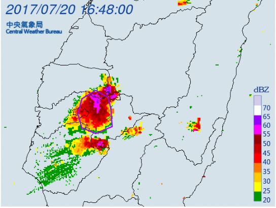 中央氣象局表示，針對「雲林縣、嘉義市、嘉義縣、台南市」發布大雷雨即時訊息，持續時間至17:45時 圖：中央氣象局