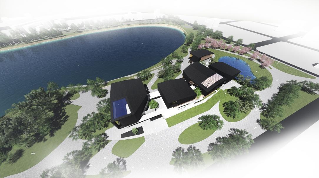 「台灣橫山書法藝術館」，以公園為「硯台」、陂塘為「墨池」，建築外觀設計為篆刻印章的形式，結合書法文化藝術與陂塘水岸生態特色，創造出桃園休閒藝文的新地標。 圖：桃園市政府新建工程處提供