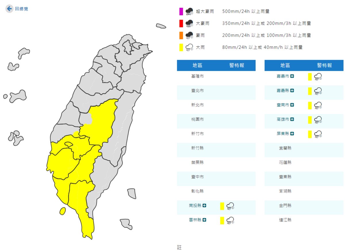 氣象署針對7縣市發布大雨特報。 圖：翻攝自中央氣象署