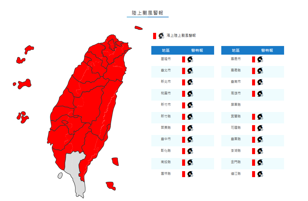 氣象署稍早表示，凱米雖減弱降雨持續中仍須嚴加戒備，暴風圈仍籠罩高雄以北、東半部、南投及澎湖、馬祖、金門，各地風雨持續中；預計此颱風強度有減弱趨勢。 圖：氣象署／提供