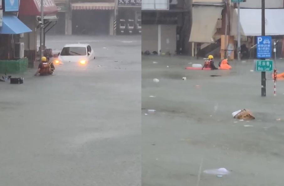 高雄降下超大豪雨水淹及胸，出動橡皮艇救援。 圖:翻攝自臉書