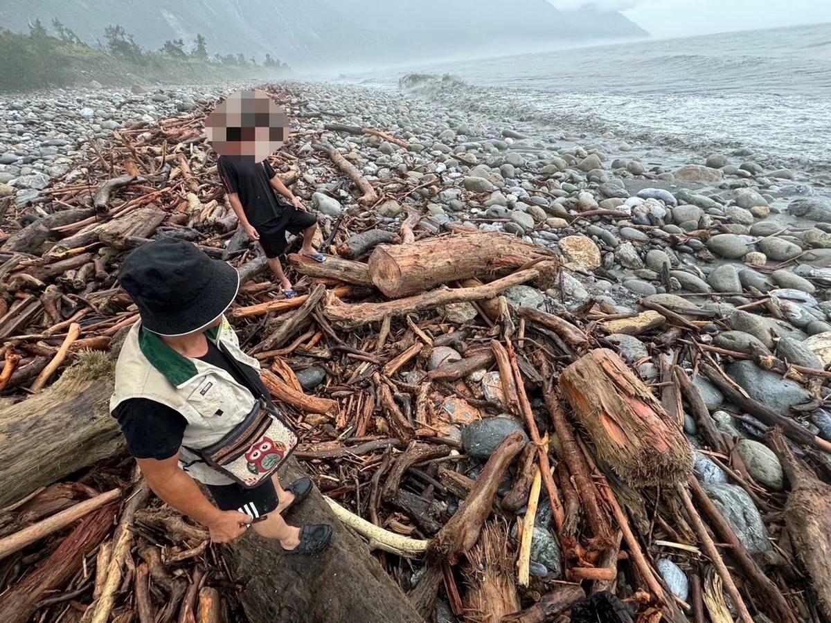 海巡署東部分署25日在崇德佳豐海灘發現民眾違法撿拾漂流木。 圖：海巡署提供