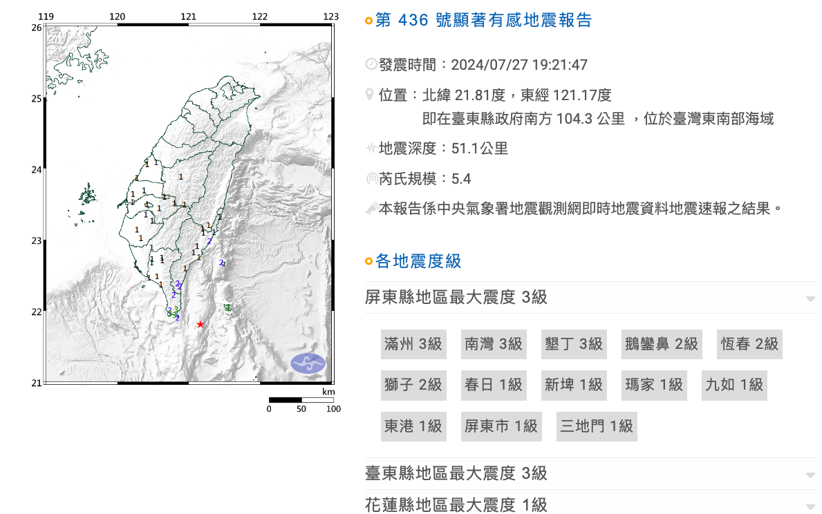 台東外海27日晚間7時21分發生芮氏規模5.4地震。 圖：取自氣象署網頁cwa.gov.tw