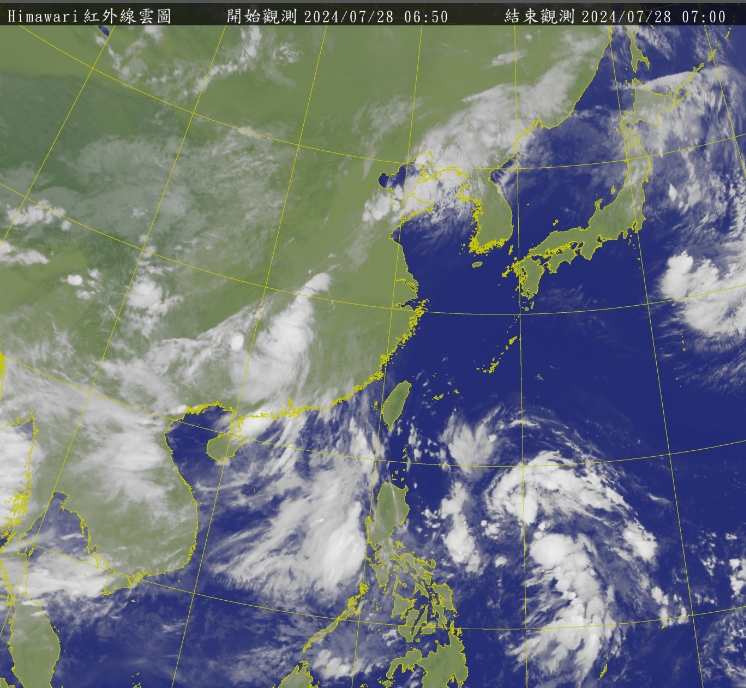 明後兩天（２９日、３０日）低壓接近台灣，水氣增多，東半部及南部地區慎防大雨。 圖/中央氣象署