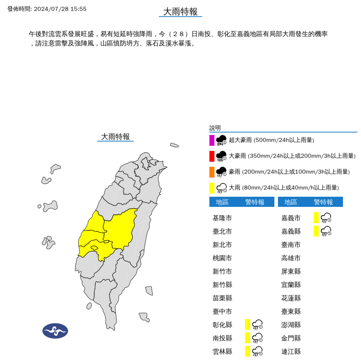 氣象署稍早今(28)日發布大雨特報！並針對南投縣、彰化縣至嘉義市、嘉義縣、南投縣，發布大雷雨即時訊息。 圖：氣象署／提供