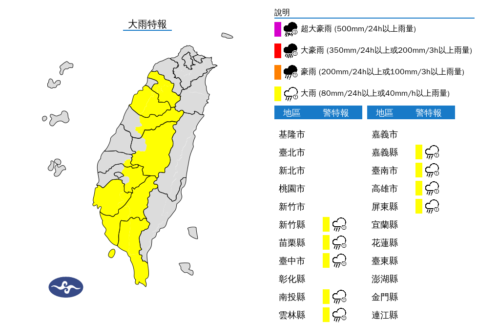 中央氣象署發布大雨特報，今(29)日新竹、苗栗、南部地區及中部山區有局部大雨發生的機率。 圖：翻攝自中央氣象署官網