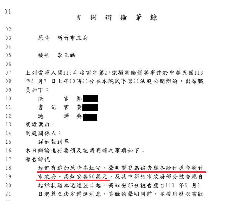 李正皓PO出言詞辯論筆錄，指高虹安不是單純的擔任新竹市政府的「法定代理人」，在求償50萬元的民事訴訟官司用新竹市政府的資源幫忙聘請律師。 圖：翻攝「臉書」李正皓粉絲專頁