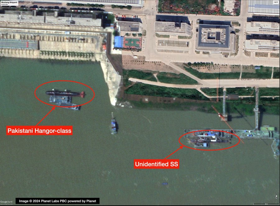 中國武漢武昌造船廠發現一款可能是改良的039A型潛艦。 圖：翻攝「X」@tshugart3/2024 Planet Labs PBC powered by Planet
