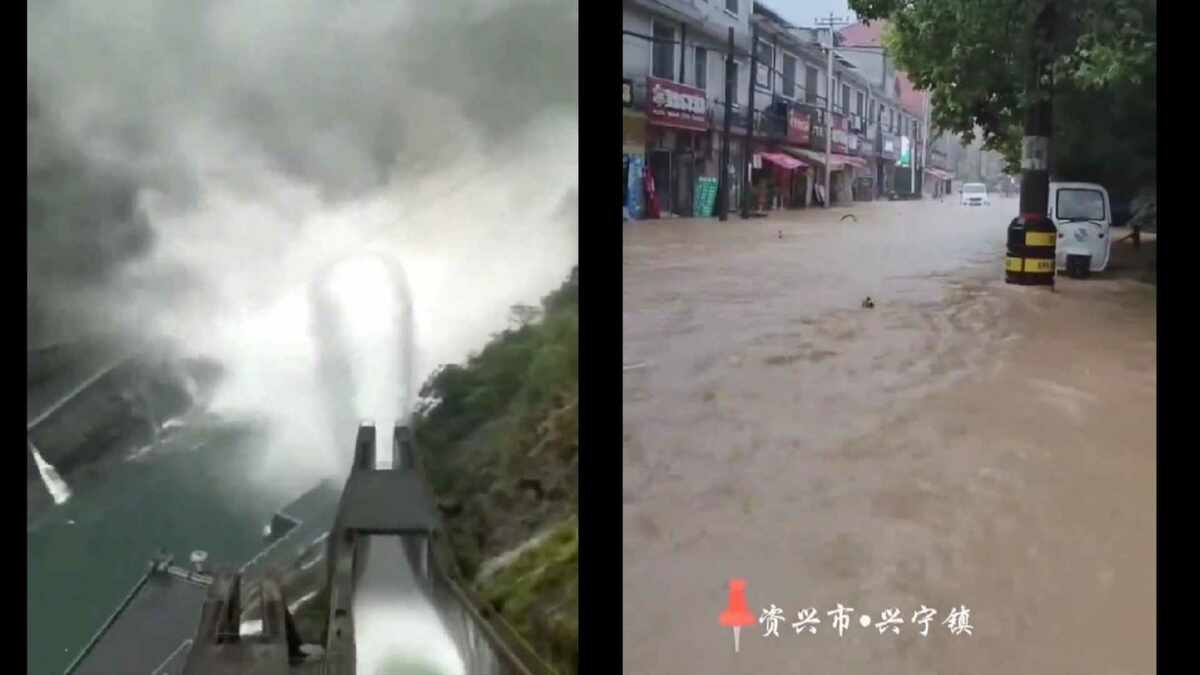湖南郴州市資興市的東江大壩進行洩洪。這座亞洲第一、世界第二的雙曲薄殼大壩洩洪後，下游資興、汝城、永興等地的城鎮立即被洪水淹沒，水深達 3 公尺之多。 圖 : 翻攝自影片(新頭殼合成)