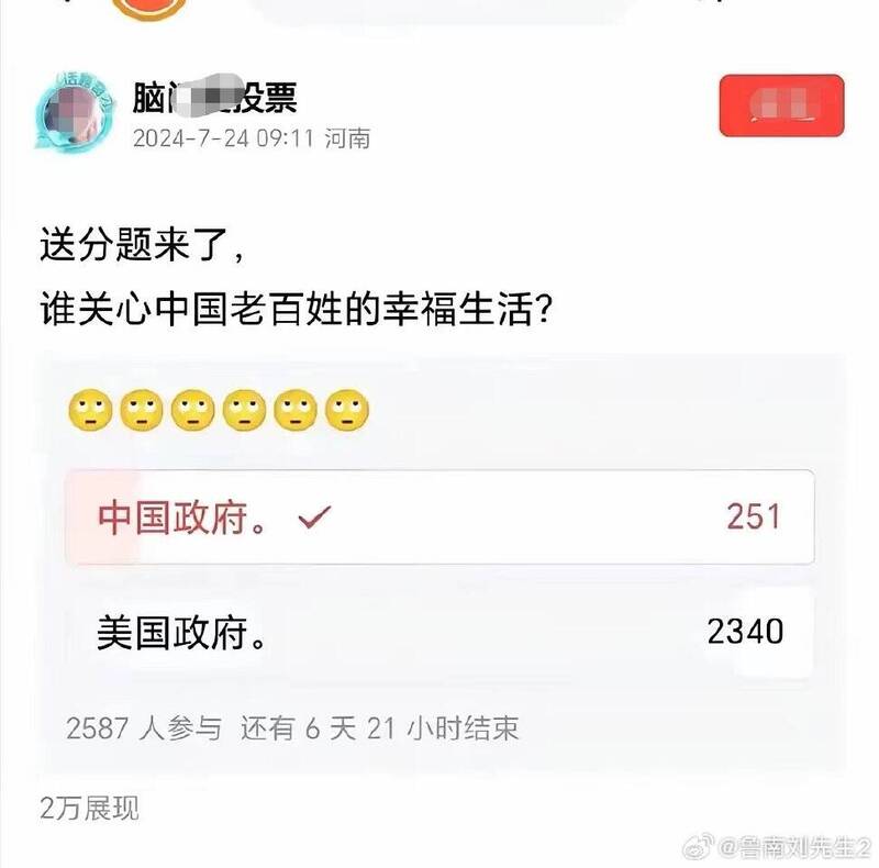 有中國博主近日在網上發起投票，詢問中國政府和美國政府「誰關心中國老百姓的幸福生活？」 圖：翻攝李老師不是你老師X（前推特）