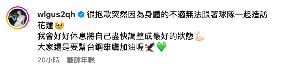 昨日台鋼雄鷹遠征花蓮，怎料安芝儇突表示身體不適無法出席。 圖：翻攝自安芝儇IG