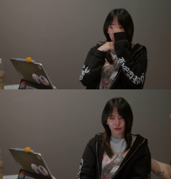 宮脇咲良在歌唱課上掩面痛哭。 圖：翻攝自HYBE LABELS YouTube