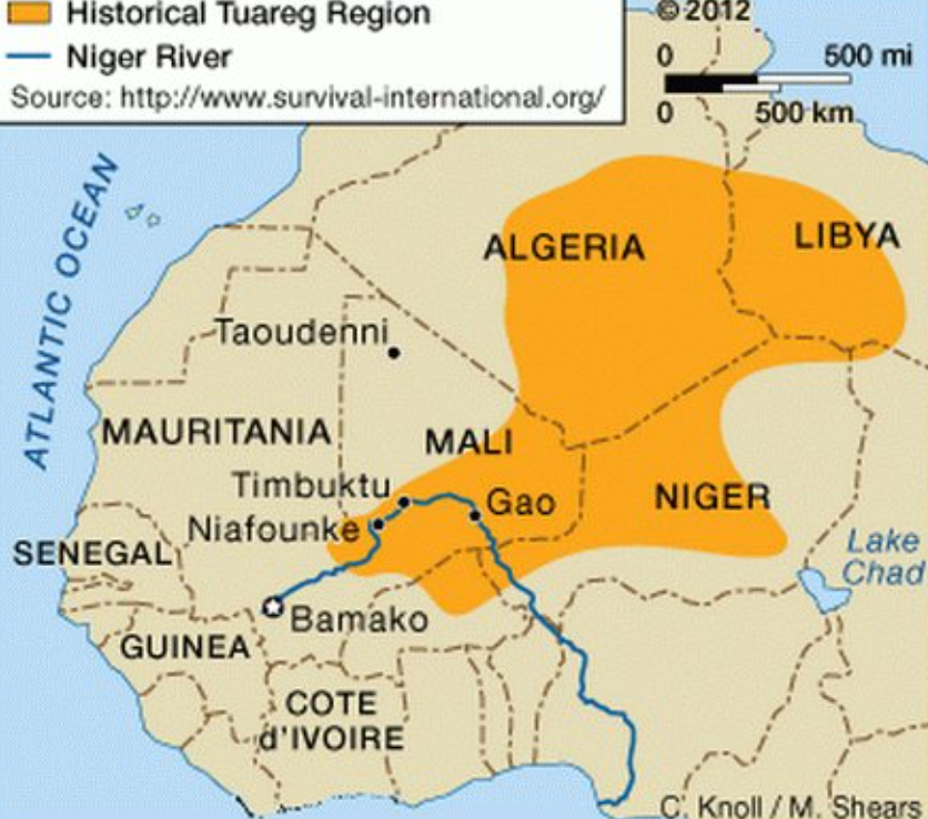 馬利為俄國在非洲重要商業據點之一，也是圖瓦雷克人（Tuareg）生活的區域(地圖深黃區塊)。 圖:翻攝自  Zineb Riboua x