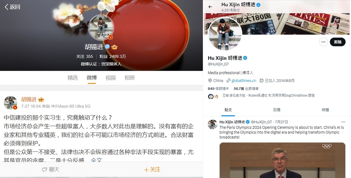 包含微博、 X 在內，胡錫進的所有社交媒體平台帳號都在中國時間 27 日之後再也沒有更新新文章，許多網友也因此推測他被官方封禁。 圖：翻攝自 胡錫進微博、 X 帳號
