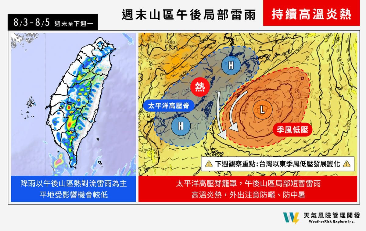天氣風險今(2)日下午臉書發文表示，下週在台灣以東、日本以南將有相當大範圍的「季風環流圈」建立。 圖：翻攝自天氣風險臉書