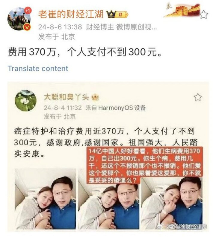 一張圖在網路上流傳，顯示帳號名為「大聰和臭丫頭」的微博內容，聲稱癌症特護和治療費用近 370 萬，但個人支付了不到 300 元，感謝政府和國家。當晚，中國記者經與趙立堅本人核實，證實這張圖片為造假圖片。 圖 : 翻攝自X帳號@xinwendiaocha