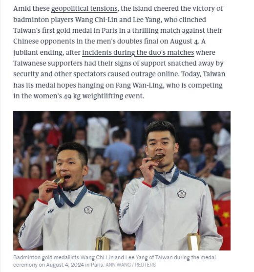 法國《世界報》英文網報導提及羽球男雙李洋、王齊麟為台灣奪得第一面金牌。 圖：截自法國《世界報》英文網