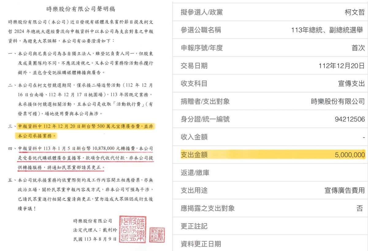 時樂公司發出聲明對柯文哲申報經費提出說明。 圖：翻攝四叉貓臉書