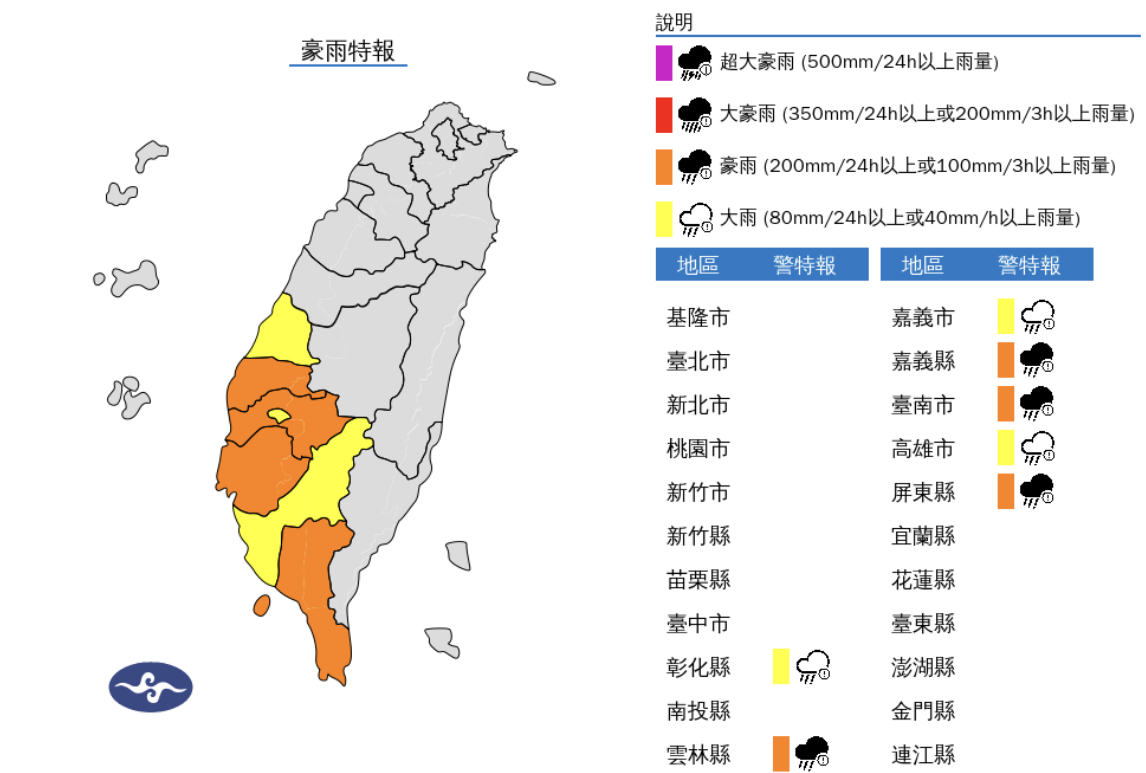 氣象署發布豪雨特報，今天雲林縣、嘉義縣、台南市及屏東縣有局部大雨或豪雨，彰化、嘉義及高雄地區有局部大雨發生的機率，低窪地區請慎防積水。 圖片來源/氣象署