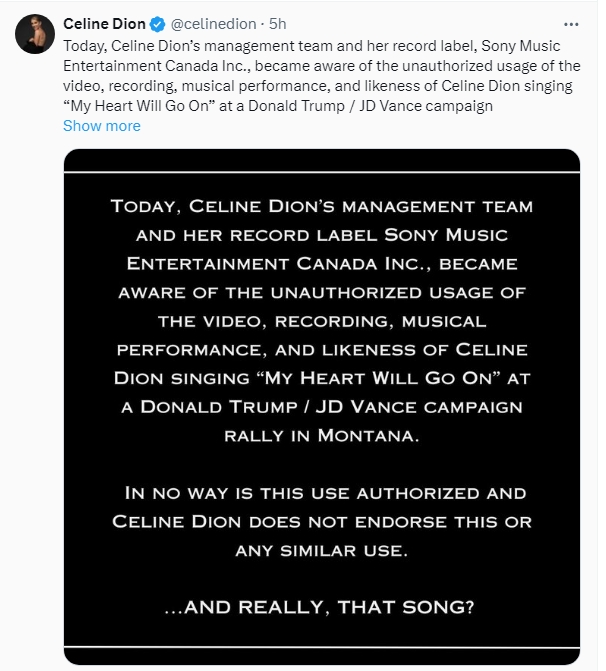 席琳狄翁（Celine Dion）今天透過社群媒體發文批川普競選團隊侵權。 圖/取自席琳狄翁（Celine Dion）X社群平台