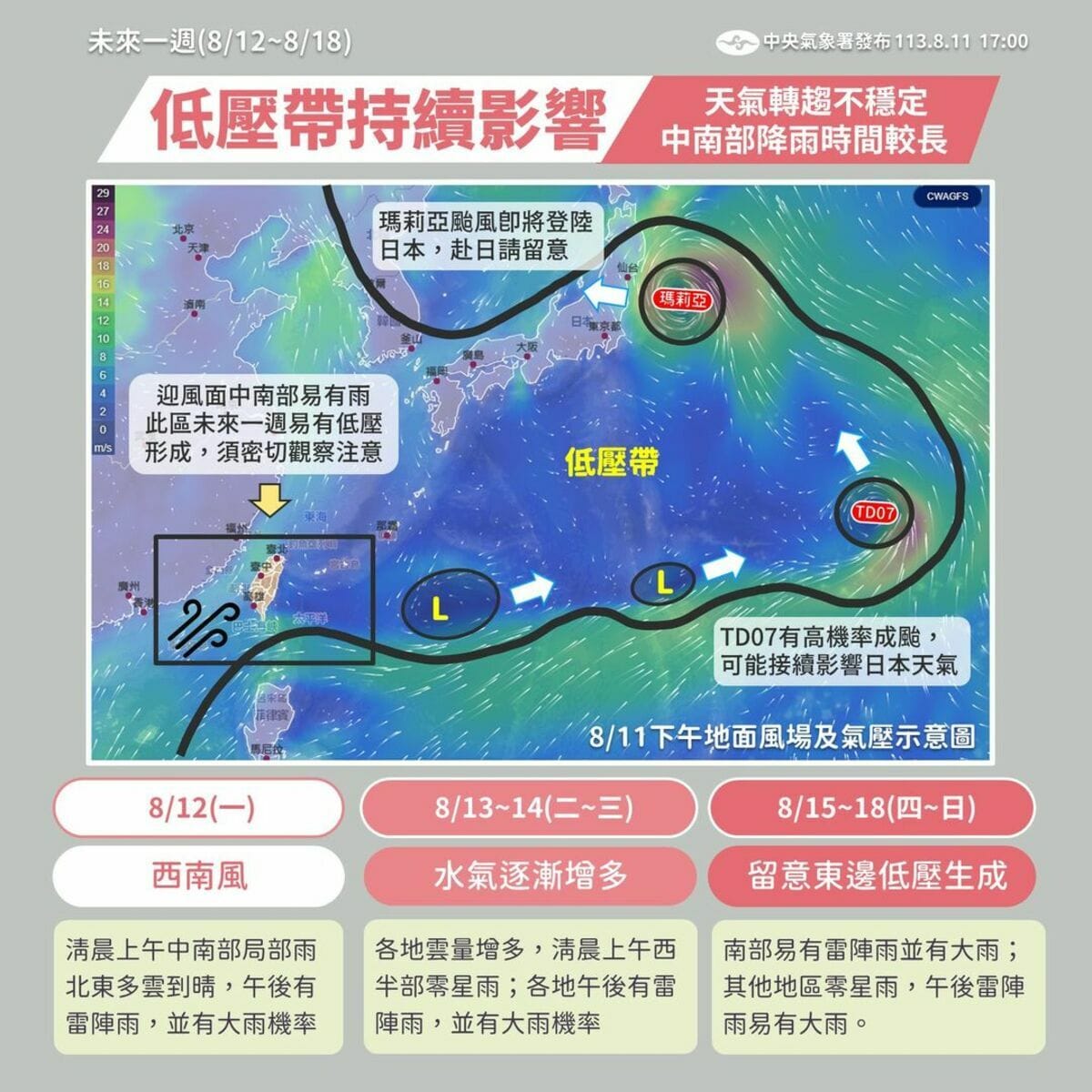 下週天氣一圖看。 圖：翻攝自中央氣象署臉書