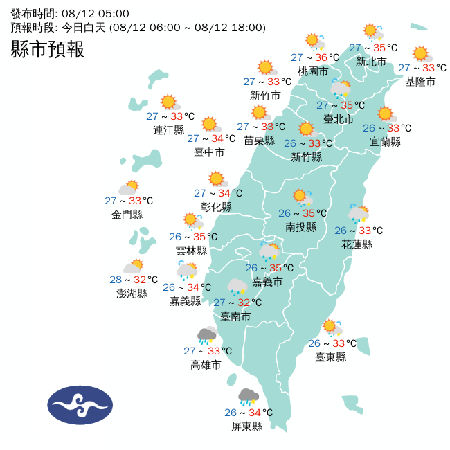 今天受到西南風影響，上午中南部地區有局部短暫陣雨或雷雨，其他地區包括澎湖、金門、馬祖，則是多雲到晴的天氣，氣溫都偏高。 圖：中央氣象署／提供