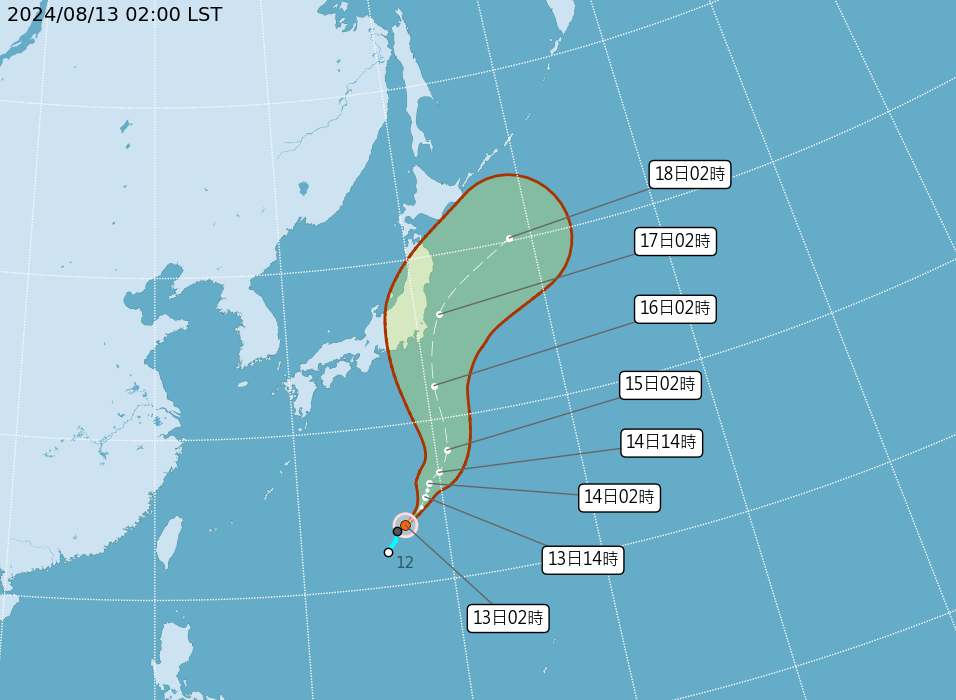 今(13)日中央氣象署表示，原位於日本南方海面的熱帶性低氣壓，已於今天凌晨2時發展為輕度颱風安比，與山神共存，瑪莉亞則減弱為熱帶低壓。 圖：翻攝自中央氣象署官網