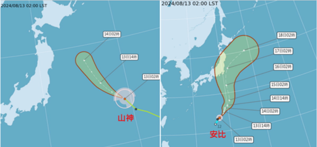 中央氣象署路徑潛勢預測圖顯示，輕颱山神在日本東方海面，偏西北移動，明日2時在日本本州外海，變性為「溫帶氣旋」(左圖)；輕颱安比受大低壓環流導引，其邊緣將在週六掠過本州東南側、大迴轉加速遠離(右圖)。 圖：翻攝自中央氣象局