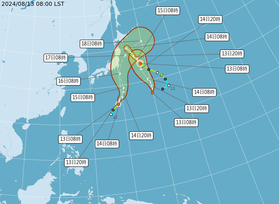 目前日本南方海面，有兩個颱風及1個熱帶性低氣壓。 圖：翻攝自中央氣象署官網