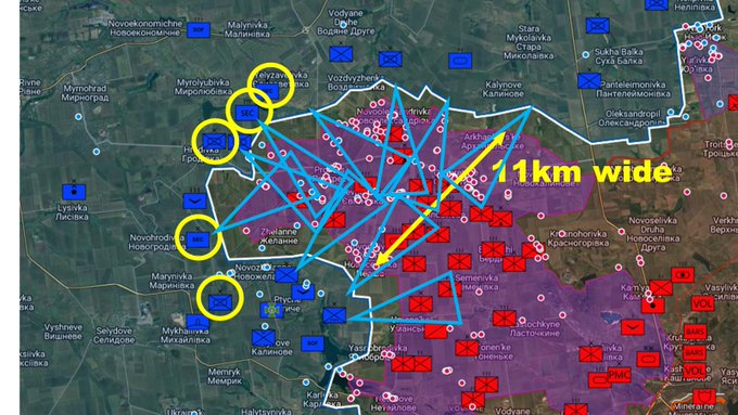 這個「口袋」地區的寬度僅約 11 公里，對俄軍來說是一個危險的區域。由於該地區的直射武器射程約為 3.5 公里，這意味著一旦俄軍進入此區域，將很難逃脫烏軍的密集火力打擊。 圖: 翻攝自X帳號@secretsqrl123
