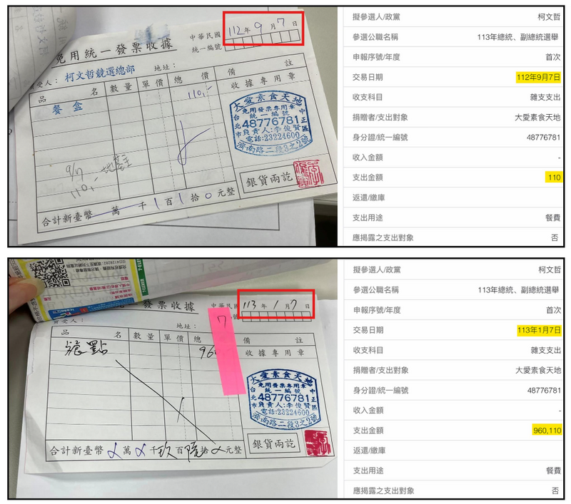 許甫拿出的單據顯示發票日期為2023年9月7日，四叉貓質疑已登錄過的錢為何4個月後還能重複登錄？ 圖：翻攝四叉貓臉書