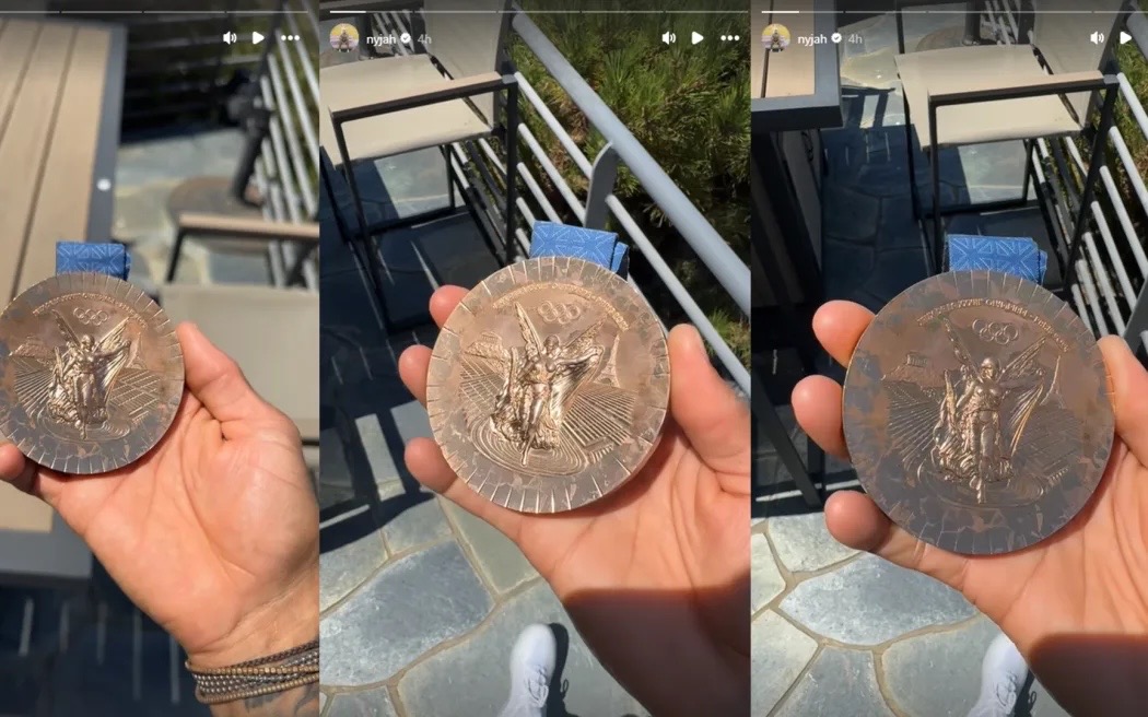 美國滑板選手休斯頓（Nyjah Huston）在他的社交媒體上表達了對獎牌質量的不滿。 圖：取自休斯頓（Nyjah Huston）社群